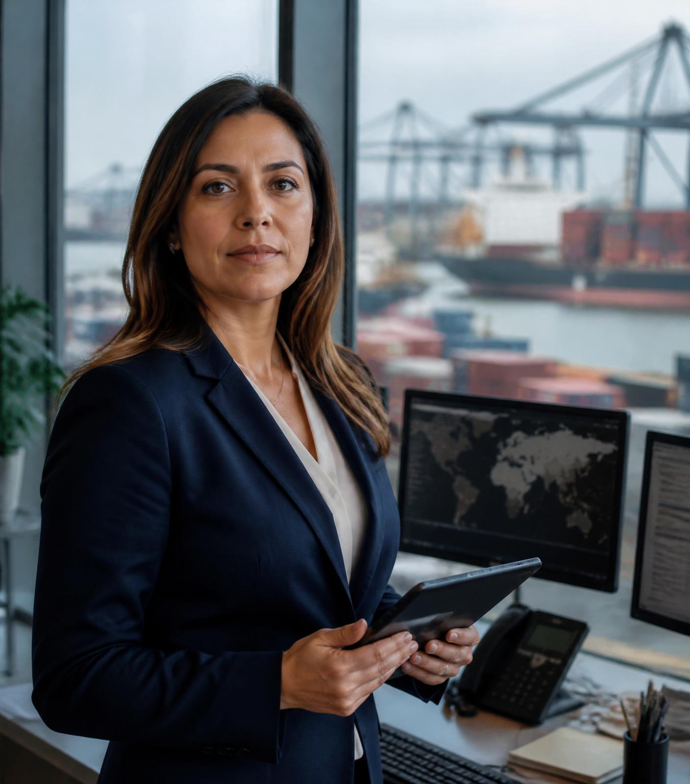 Ejecutiva de cuenta de GFS Customs en oficina logística frente al puerto